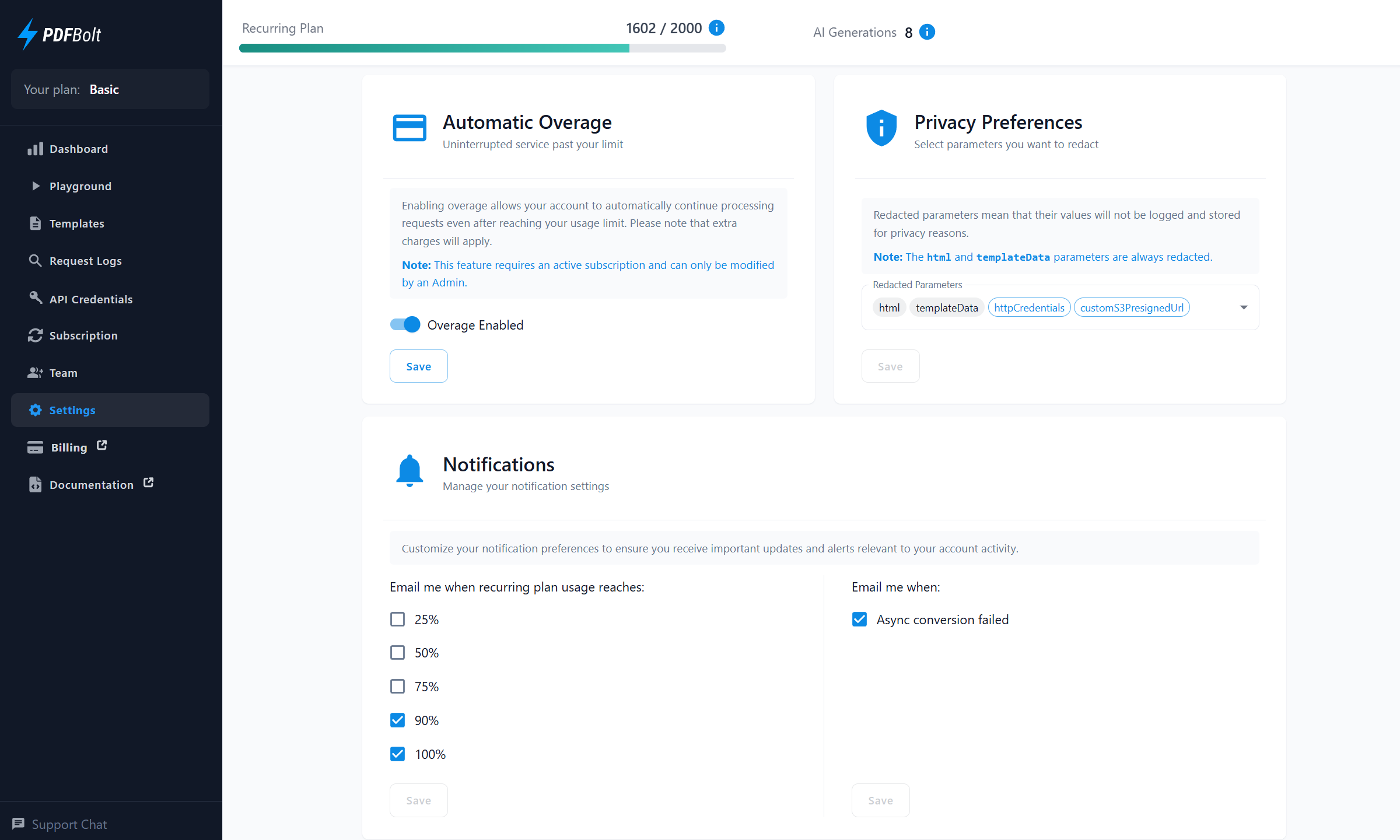 Settings page showing options for overage, privacy, and notifications