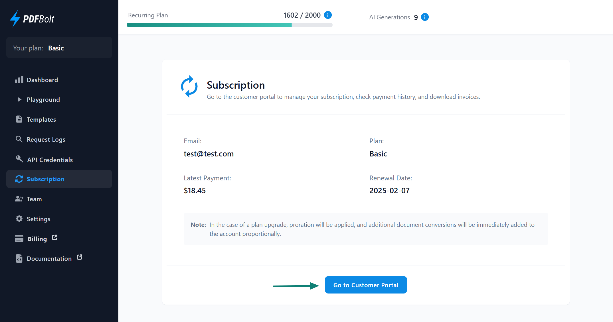 Active subscription page showing plan details, billing, and renewal information