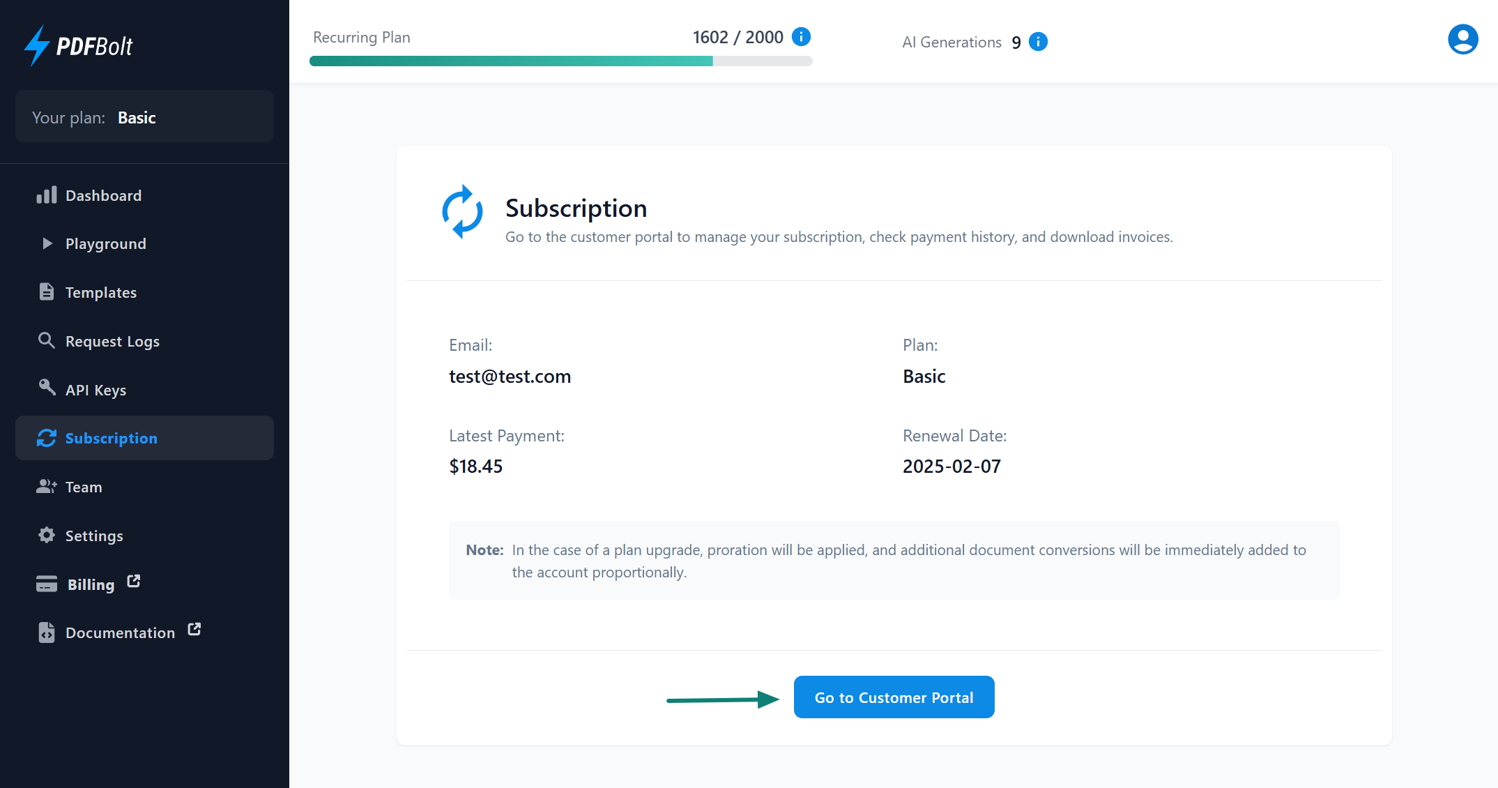 Active subscription page showing plan details, billing, and renewal information
