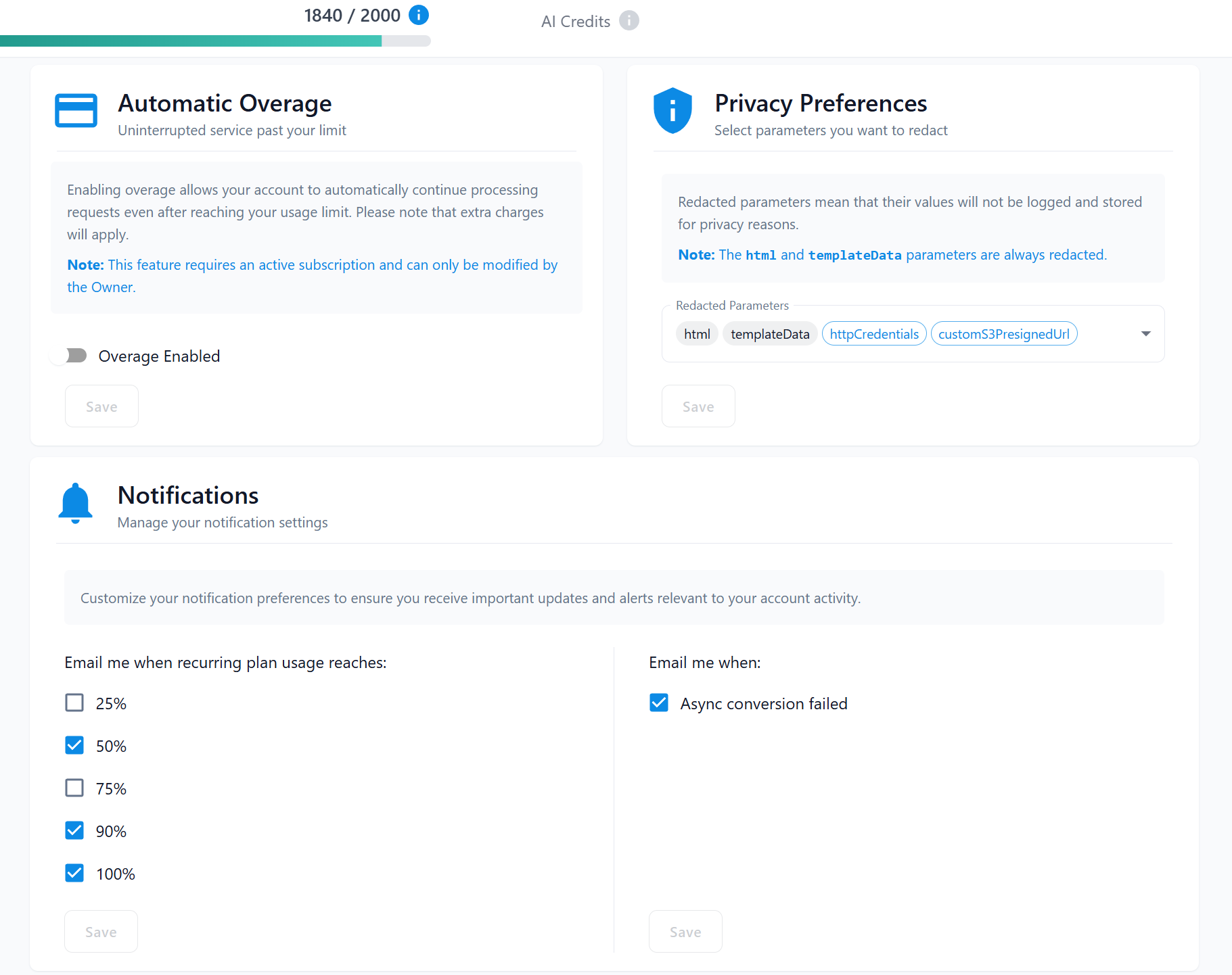 Settings page showing customizable options for overage, privacy, and notifications