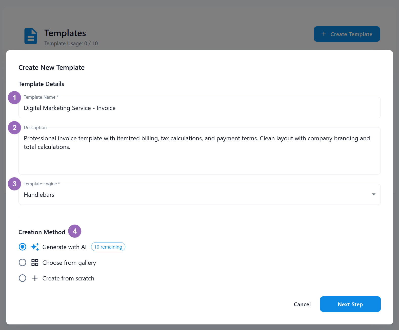 Create New Template Dialog