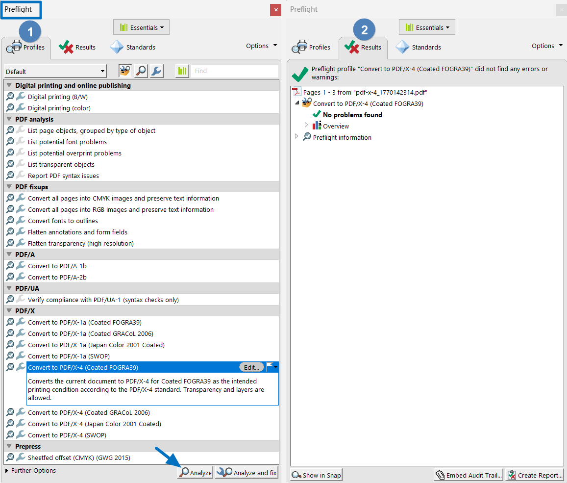 Adobe Acrobat Pro Preflight showing PDF/X-4 compliance validation passed