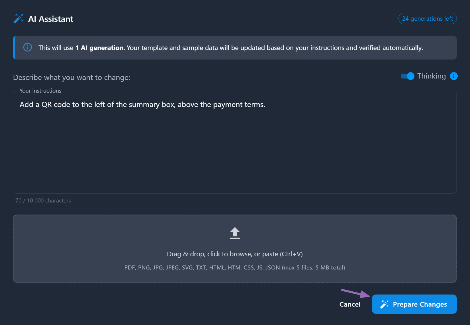 AI Assist edit prompt modal