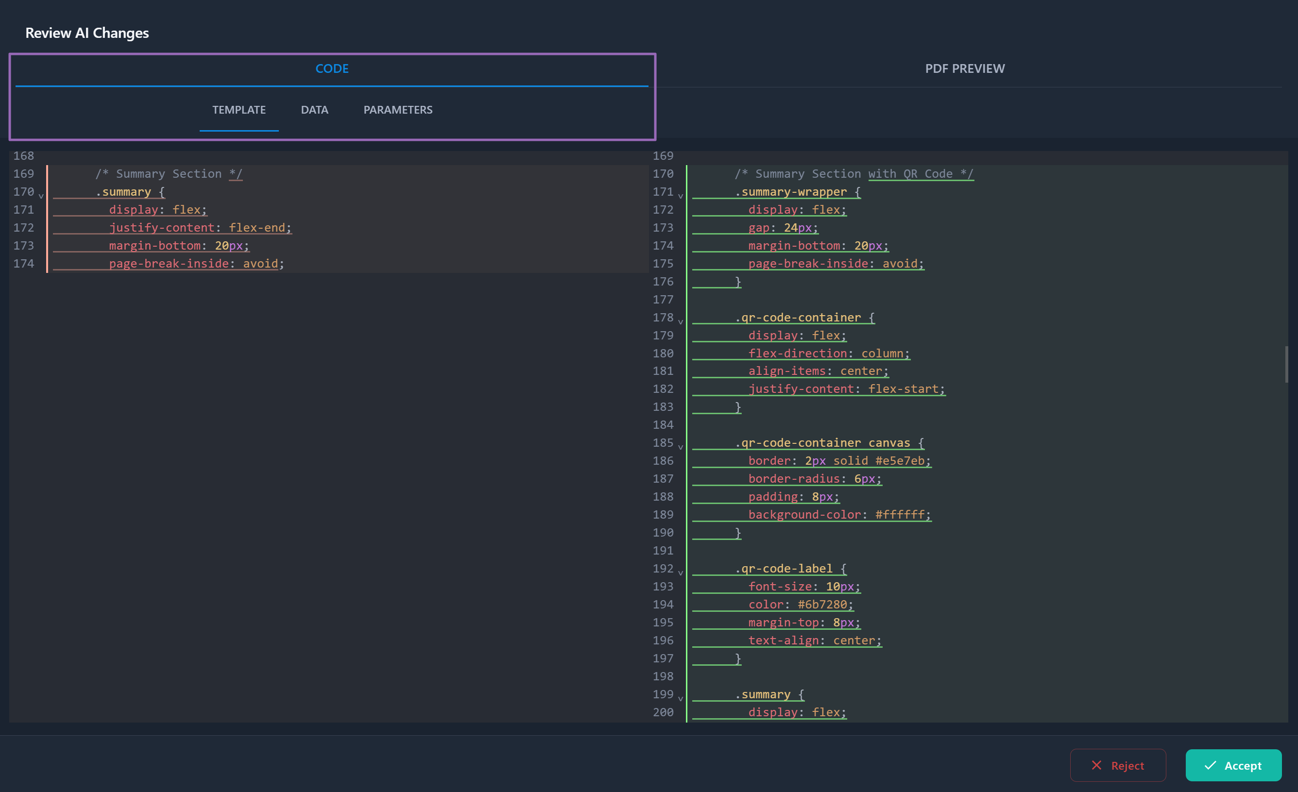 Review AI Changes modal with code diff view