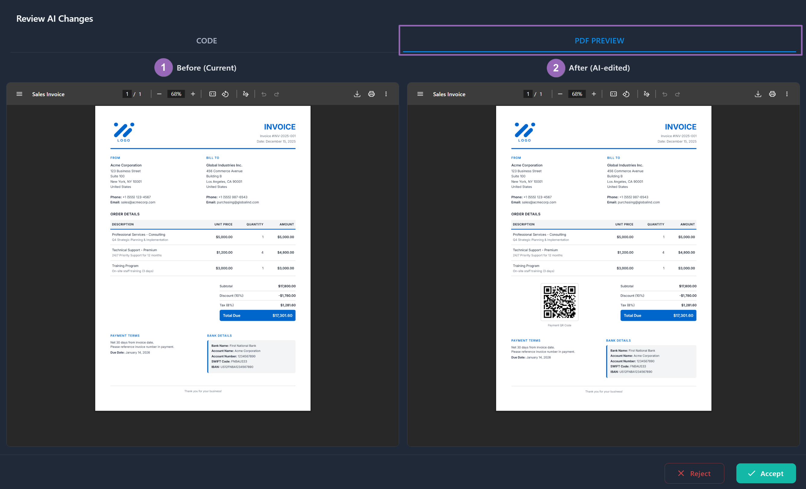 Review AI Changes modal with PDF preview comparison