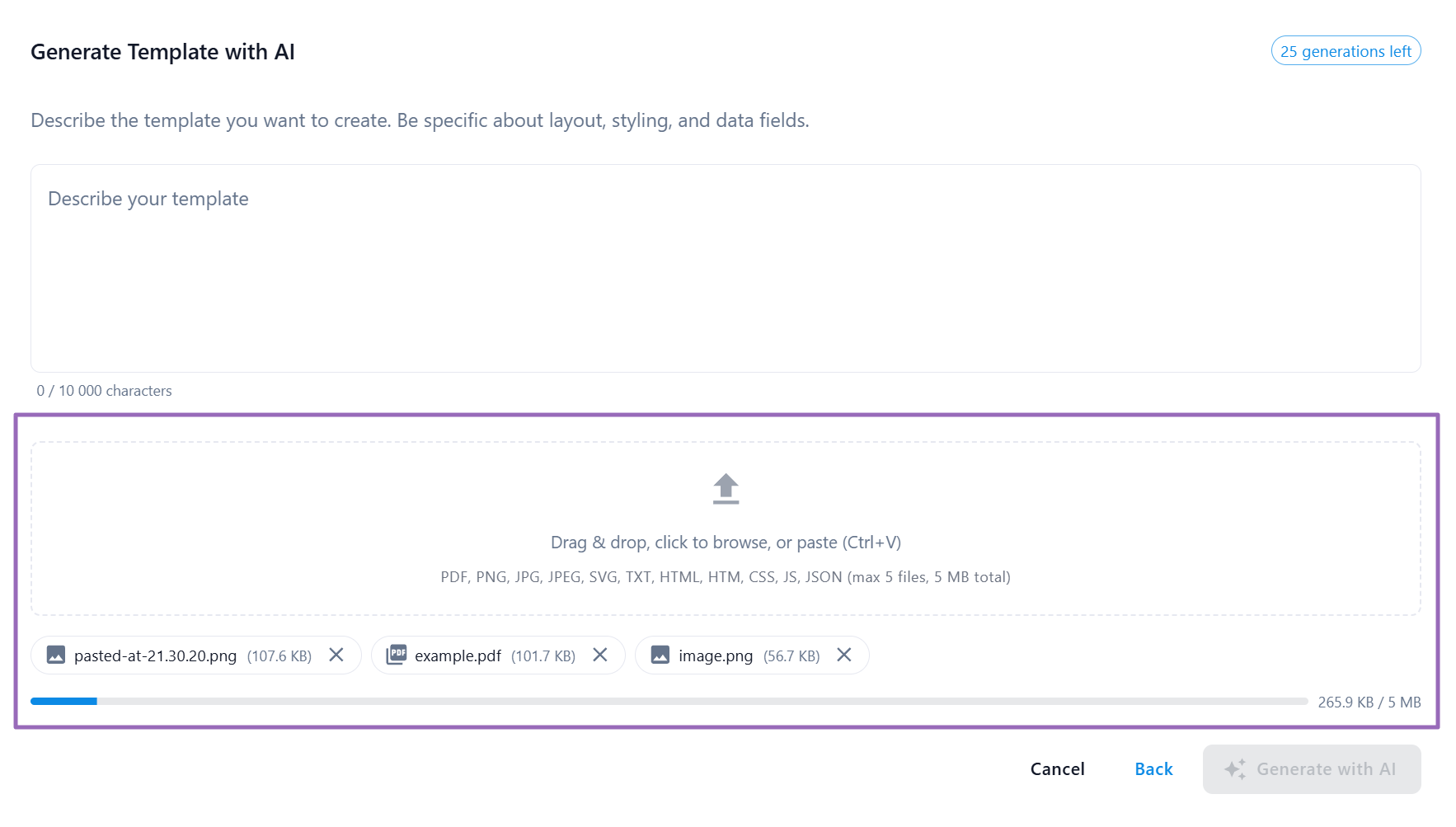 File attachment area with drag and drop