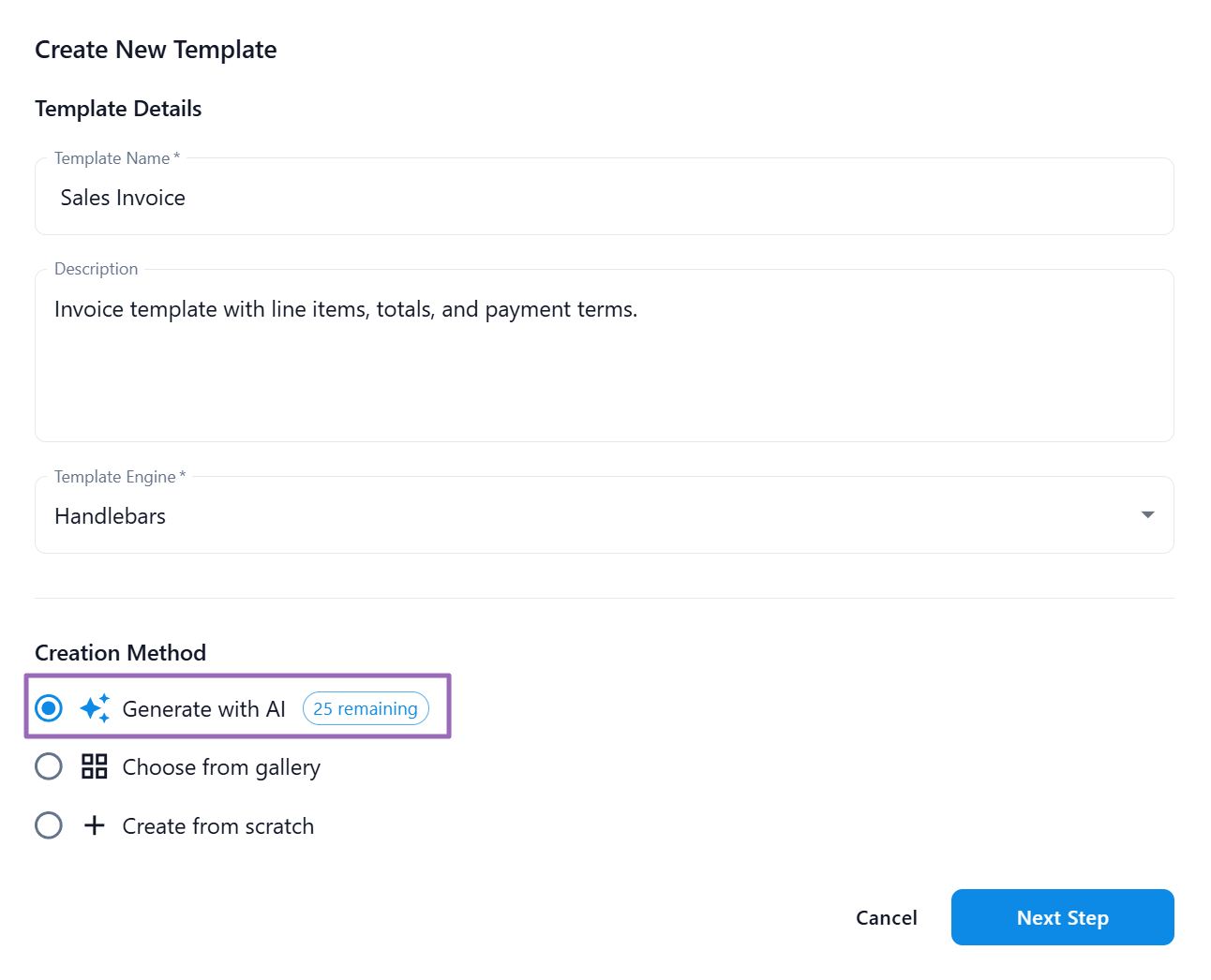 Create Template modal with Generate with AI option selected