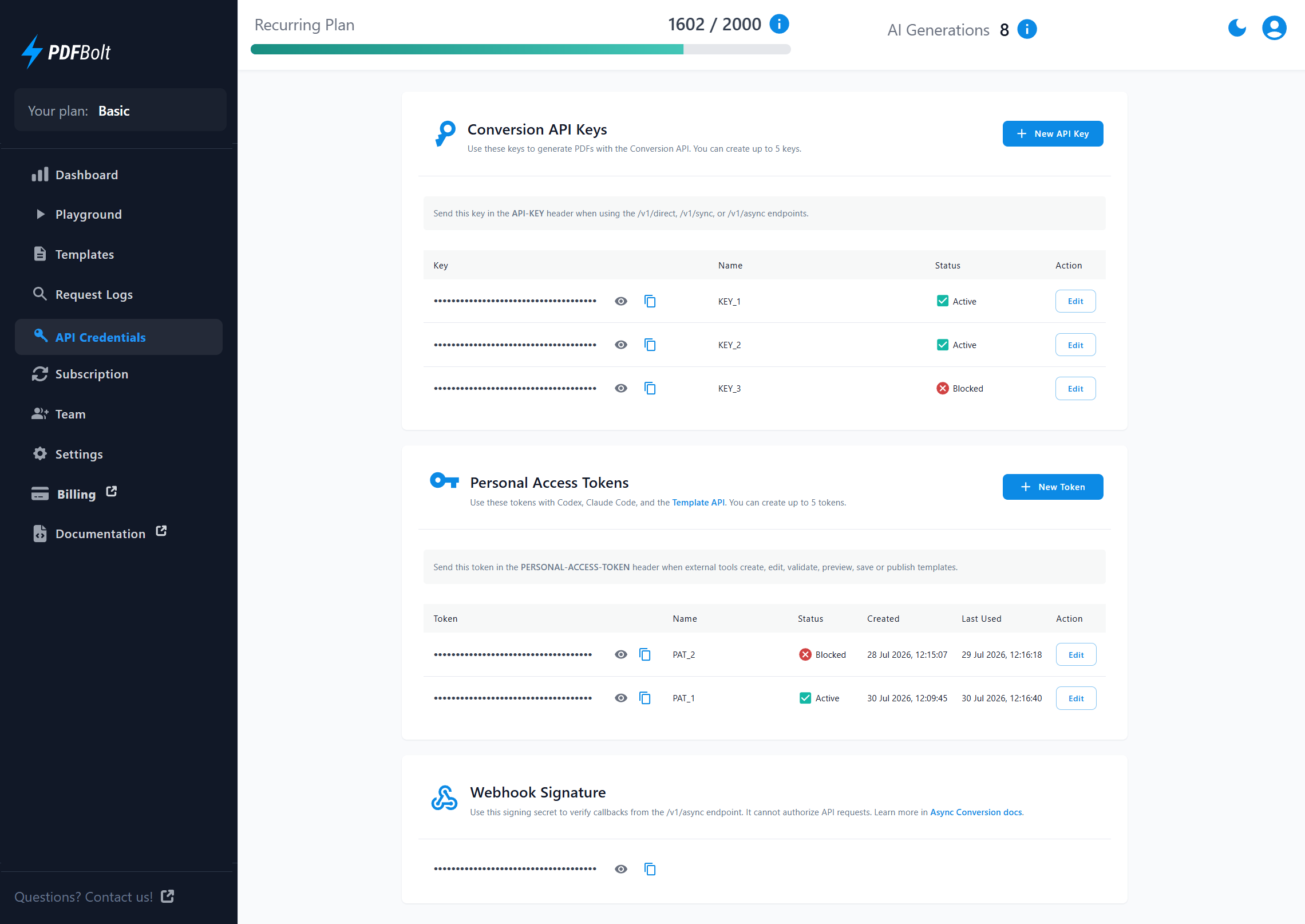 API Credentials page showing conversion API keys, Personal Access Tokens, and the webhook signing secret