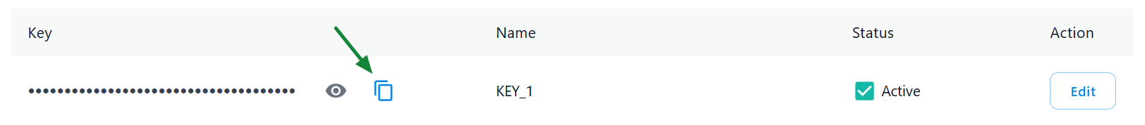 Details view of an API key, showing its name, status, copy and edit button
