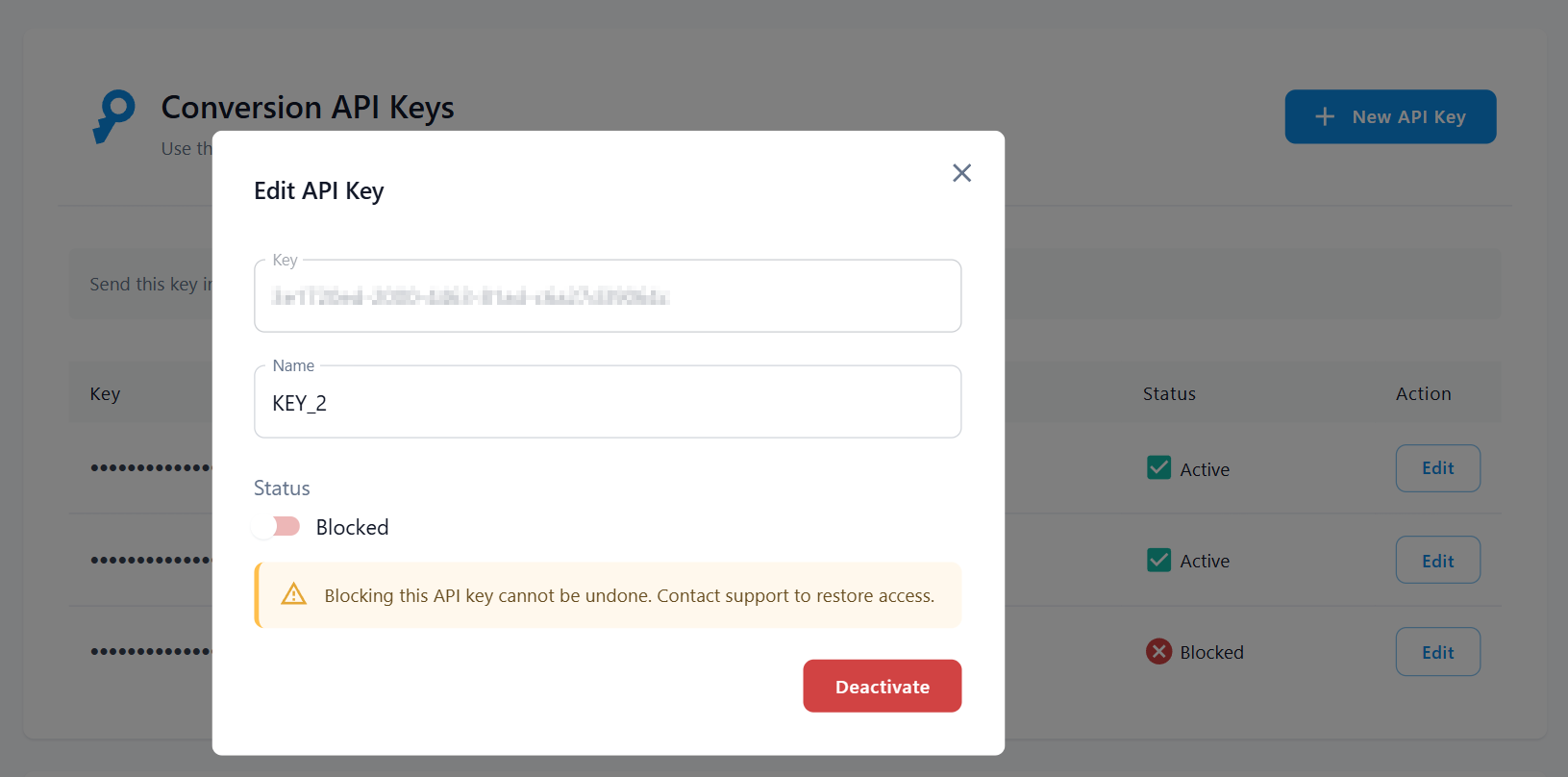 Modal window for editing an API key, including renaming or blocking options
