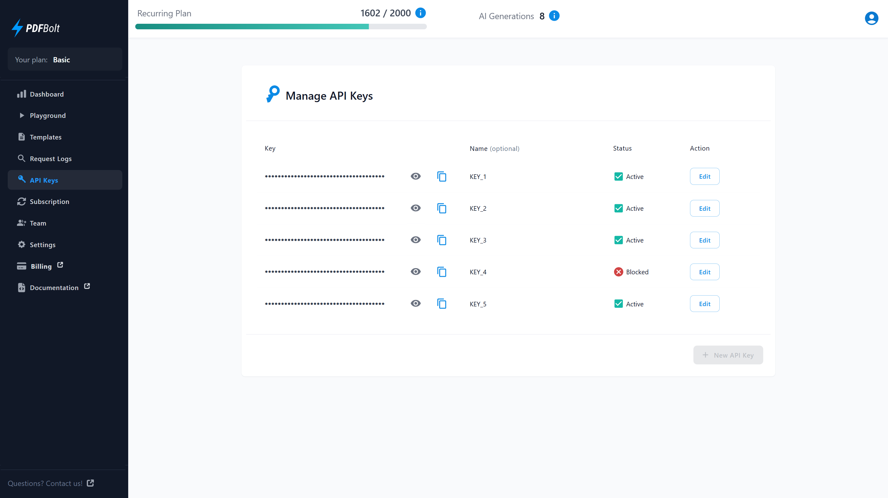API Keys page for managing, generating, and editing API keys securely