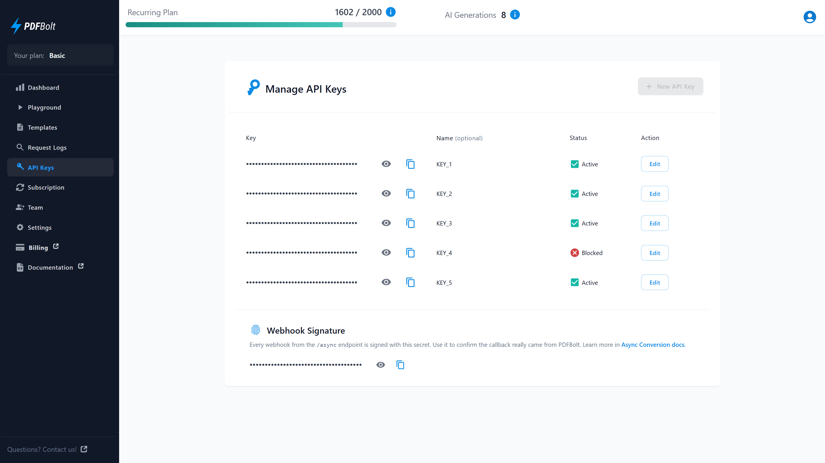 API Keys page for managing, generating, and editing API keys securely