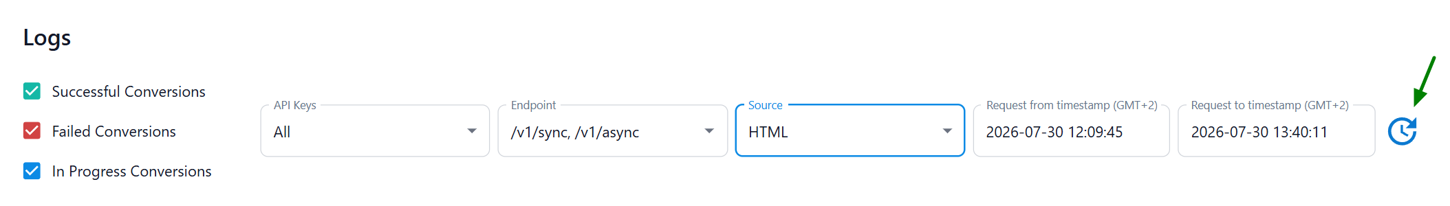 Filtering options for logs, allowing users to filter requests by date, API key, endpoint, source, or result