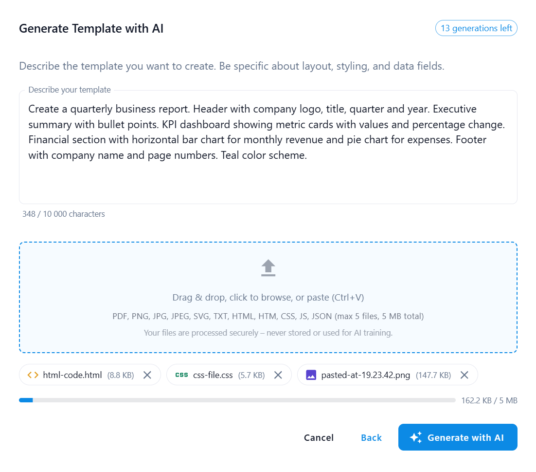 AI PDF generator prompt interface in PDFBolt dashboard