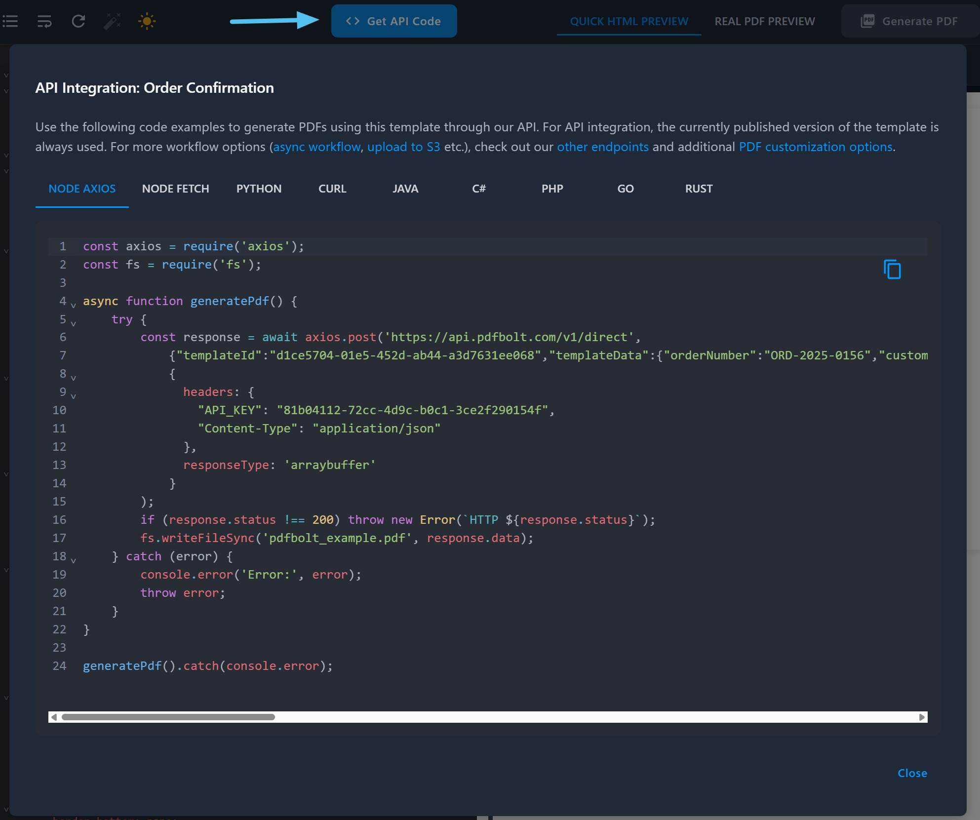Template Designer - API Code Integration Examples
