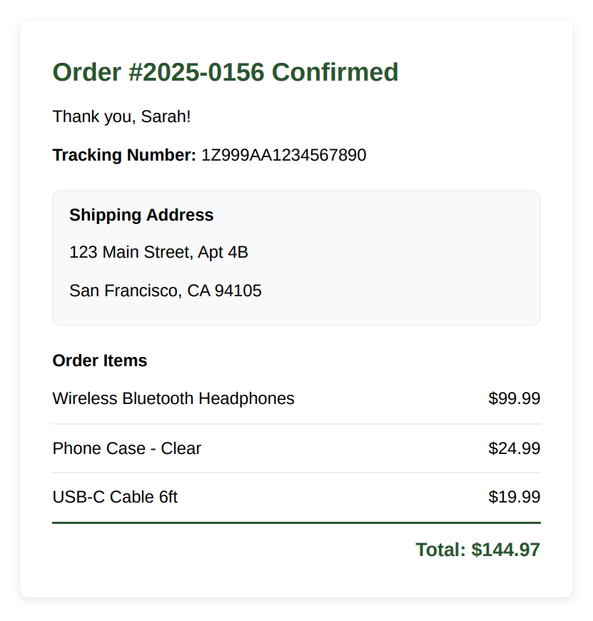 Generated PDF showing order confirmation with all dynamic data populated