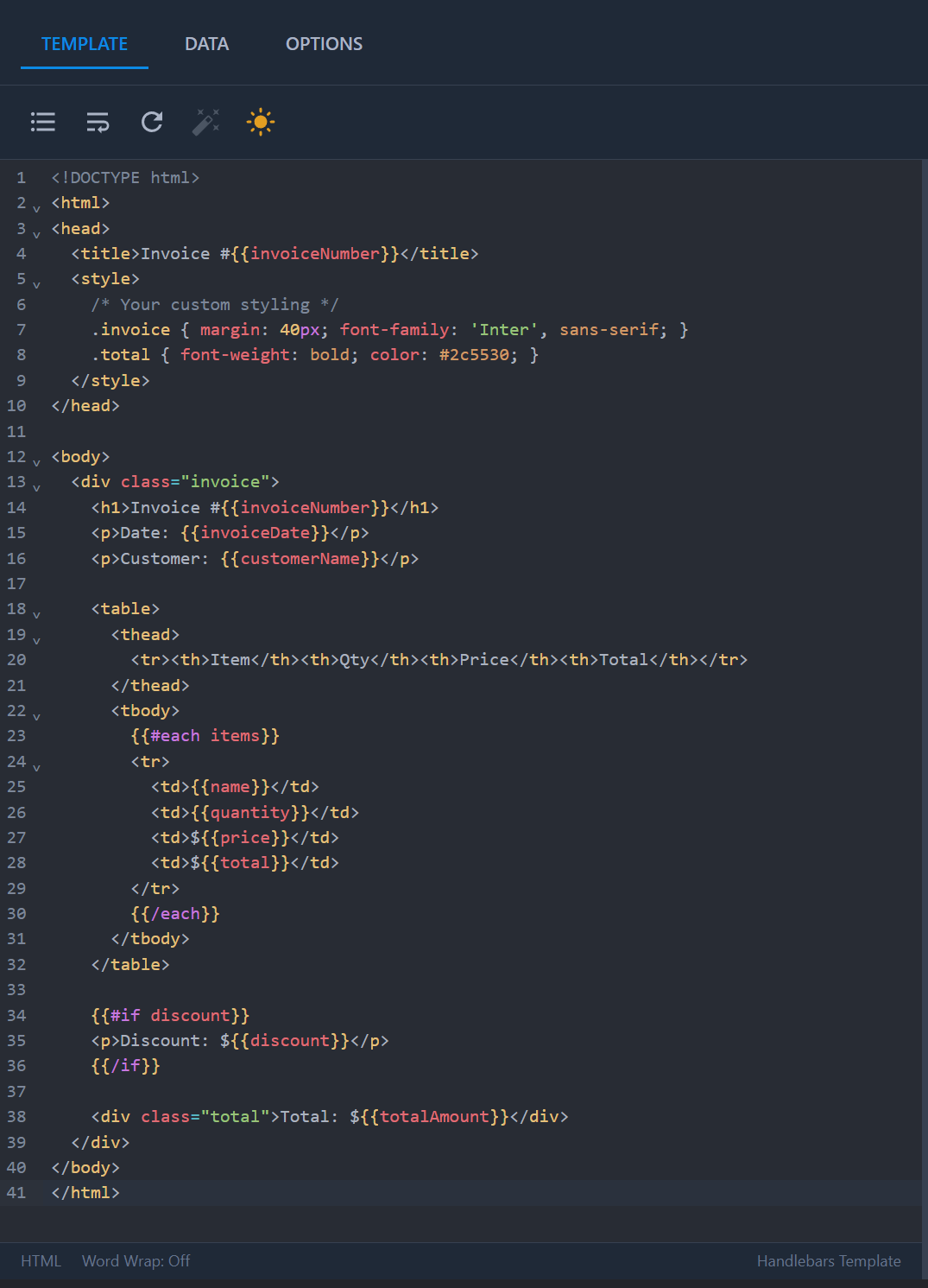 PDFBolt Templates code editor showing Handlebars template syntax with real-time preview