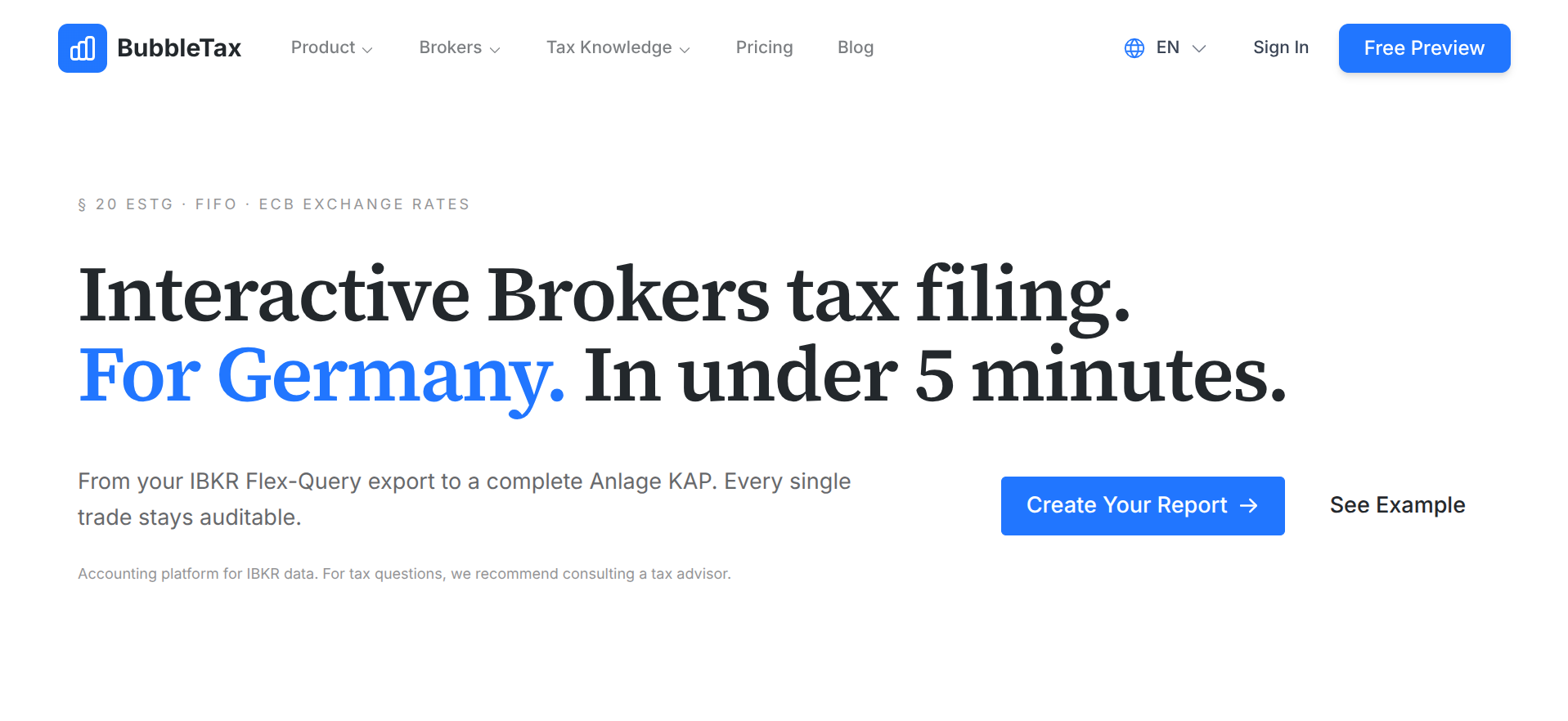 BubbleTax homepage presenting its Interactive Brokers tax-reporting product