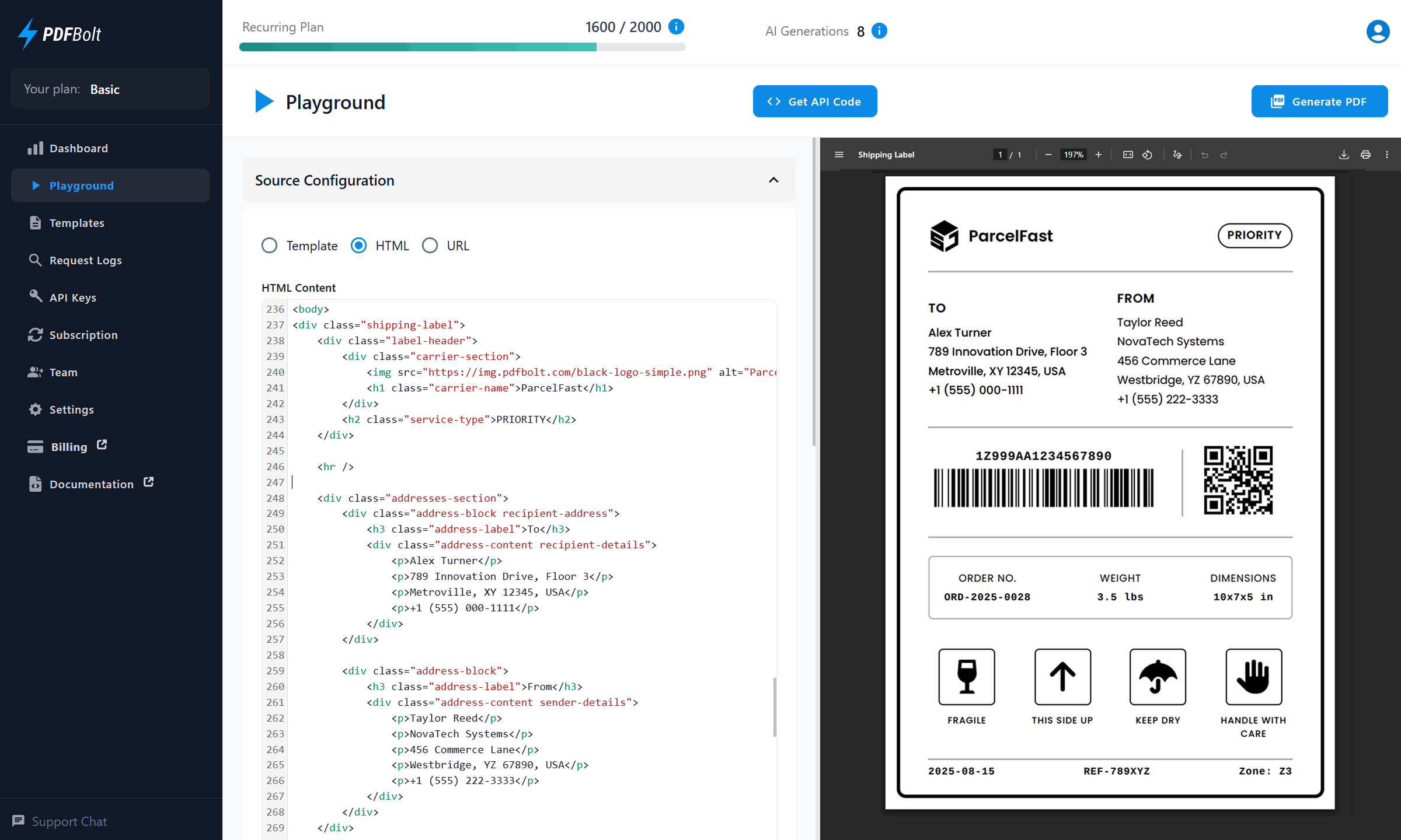 PDFBolt PDF generation playground dashboard for testing URL to PDF, HTML to PDF, and template-based PDF conversion with live preview