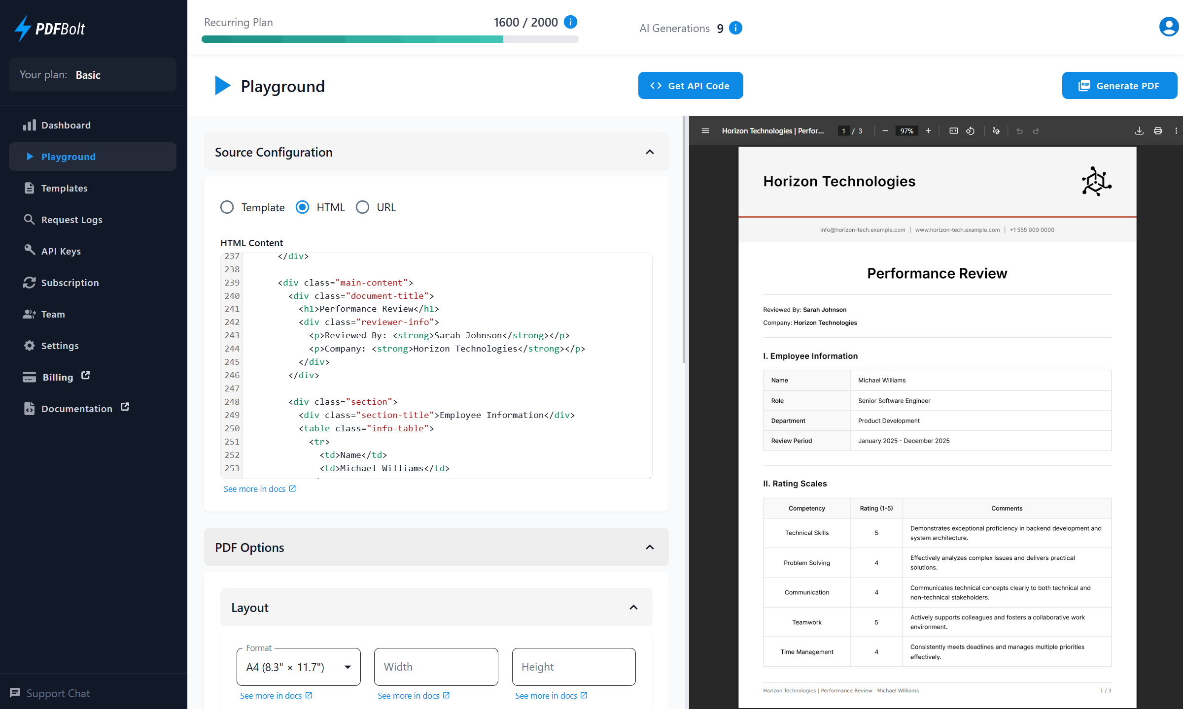 PDFBolt PDF generation playground dashboard for testing URL to PDF, HTML to PDF, and template-based PDF conversion with live preview