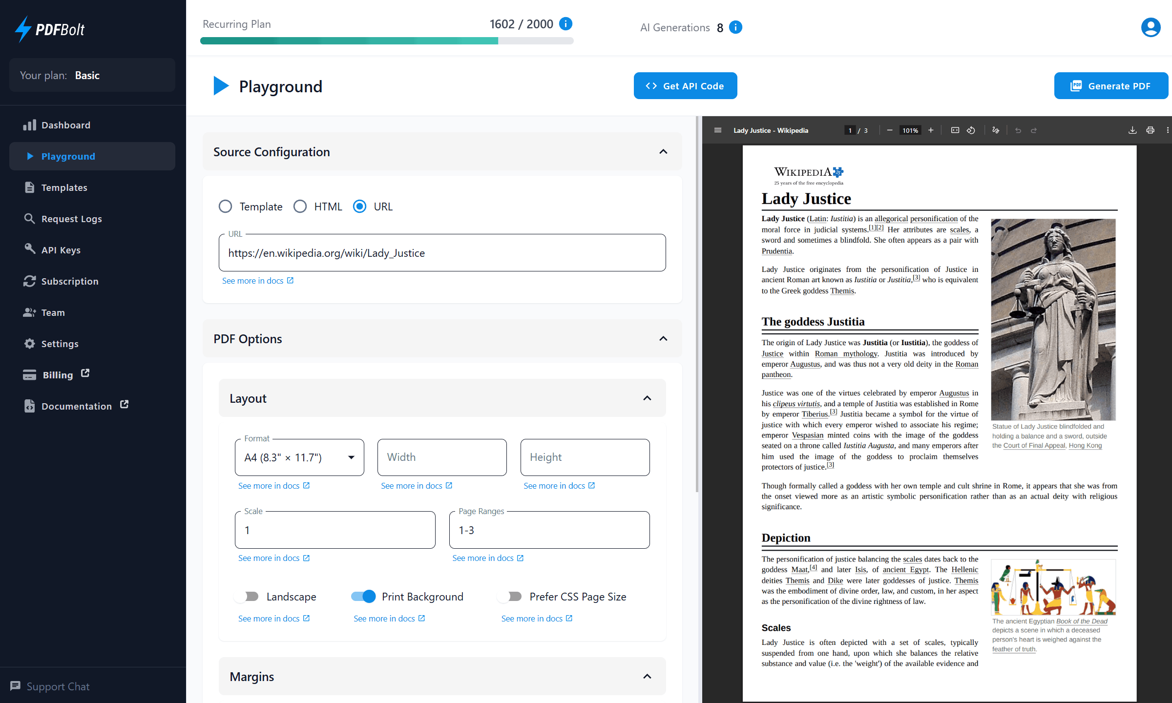 PDFBolt PDF generation playground dashboard for testing URL to PDF, HTML to PDF, and template-based PDF conversion with live preview