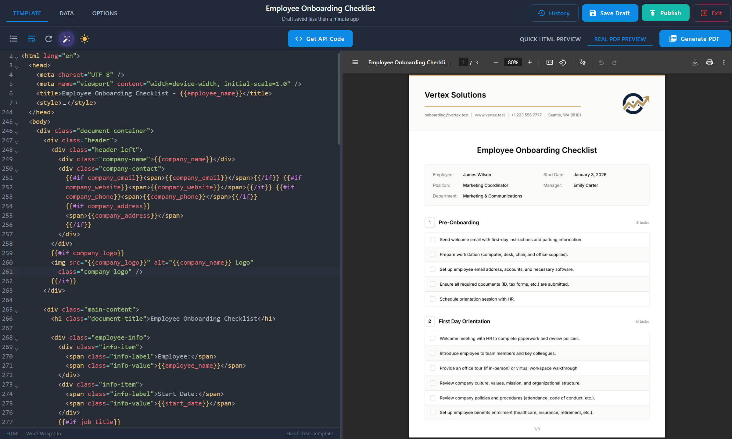 PDFBolt Handlebars template designer with code editor, syntax highlighting, and real-time PDF preview for creating dynamic templates