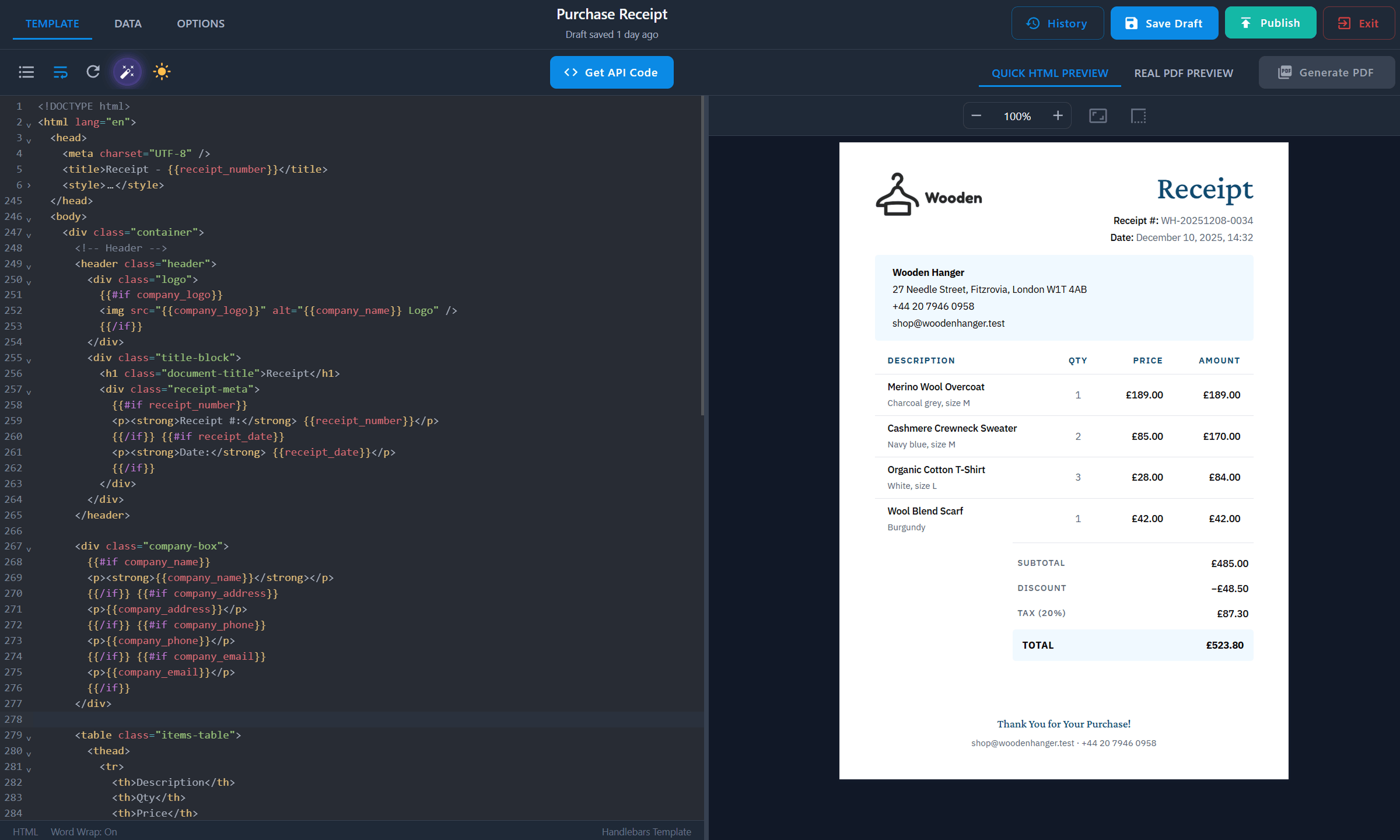 PDFBolt Handlebars template designer with code editor, syntax highlighting, and real-time PDF preview for creating dynamic templates