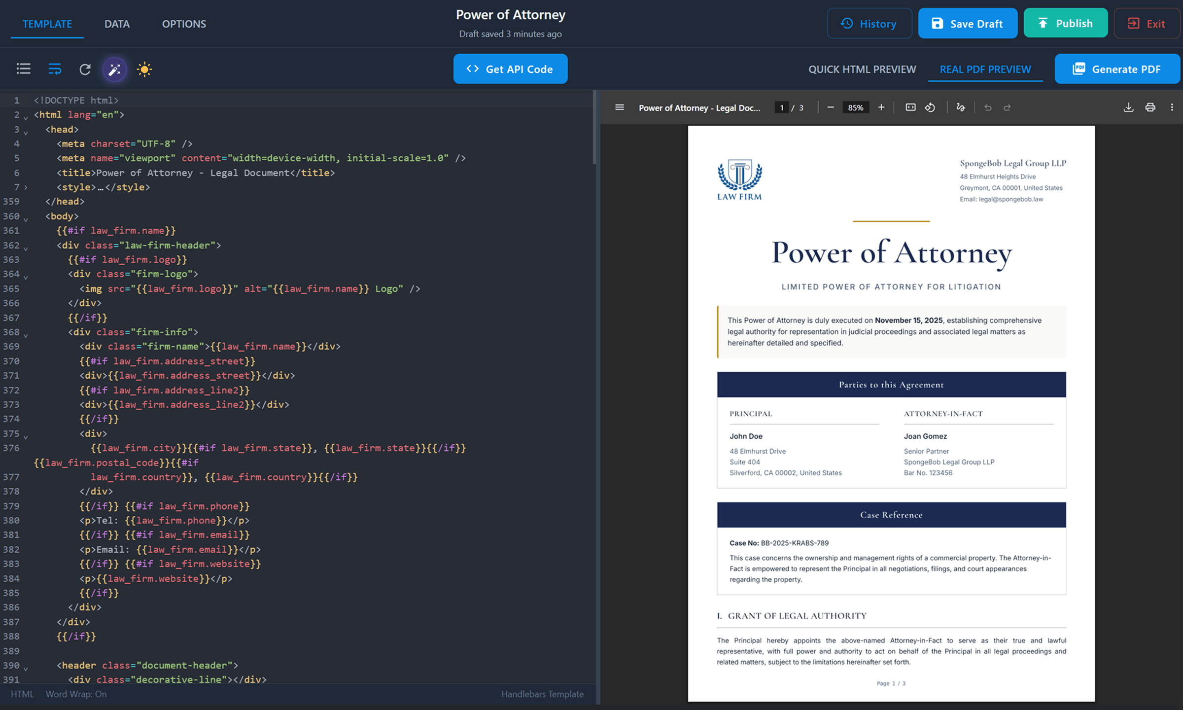 PDFBolt Handlebars template designer with code editor, syntax highlighting, and real-time PDF preview for creating dynamic templates