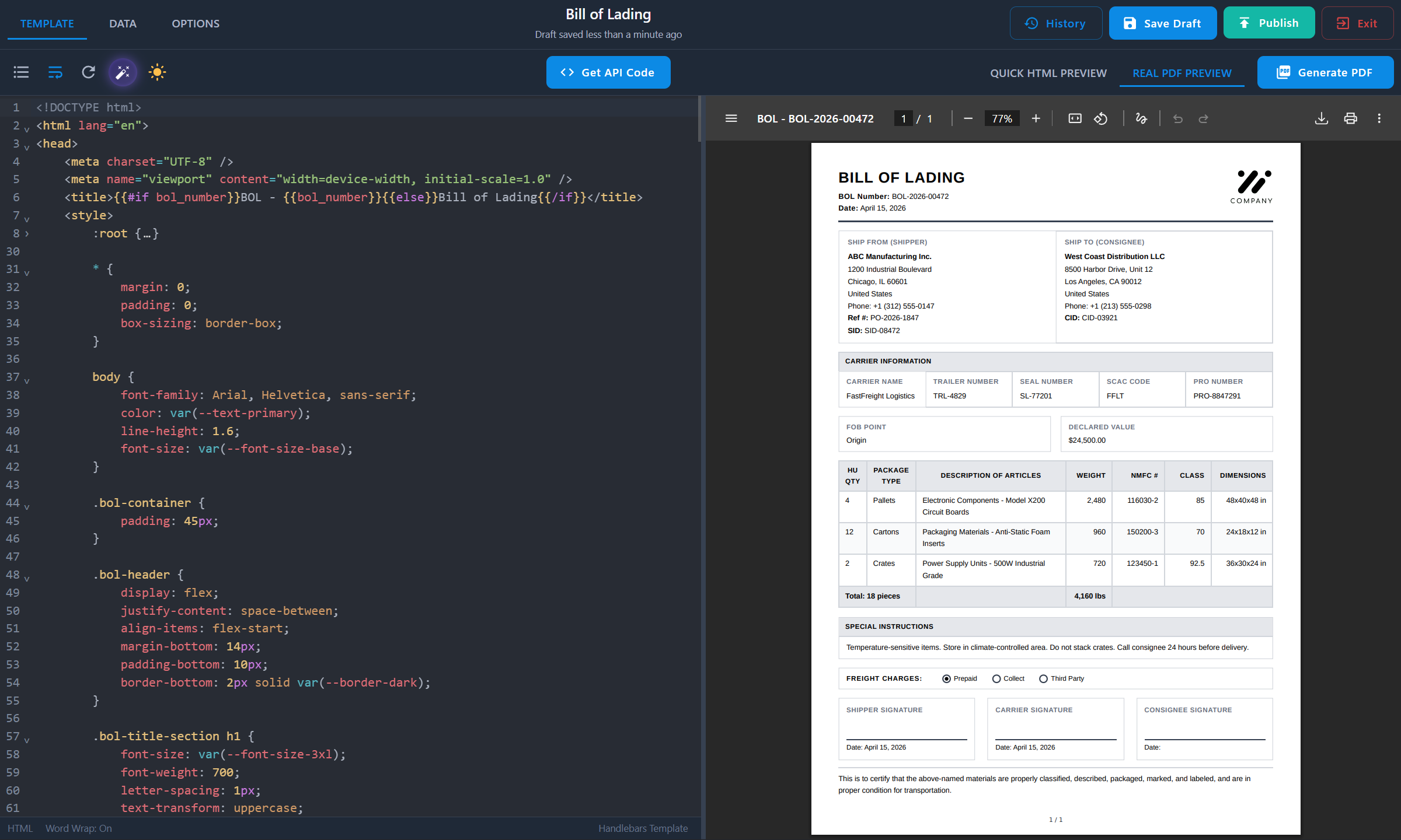 PDFBolt Handlebars template designer with code editor, syntax highlighting, and real-time PDF preview for creating dynamic templates