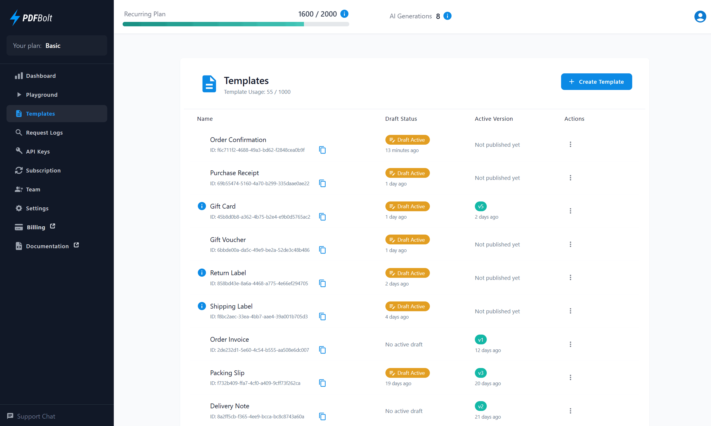 PDFBolt template management interface displaying template list with names, showing draft status, version numbers, usage counter, and action menus for editing and collaboration