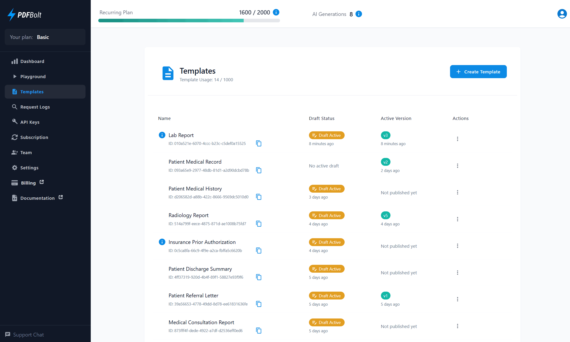 PDFBolt template management interface displaying template list with names, showing draft status, version numbers, usage counter, and action menus for editing and collaboration
