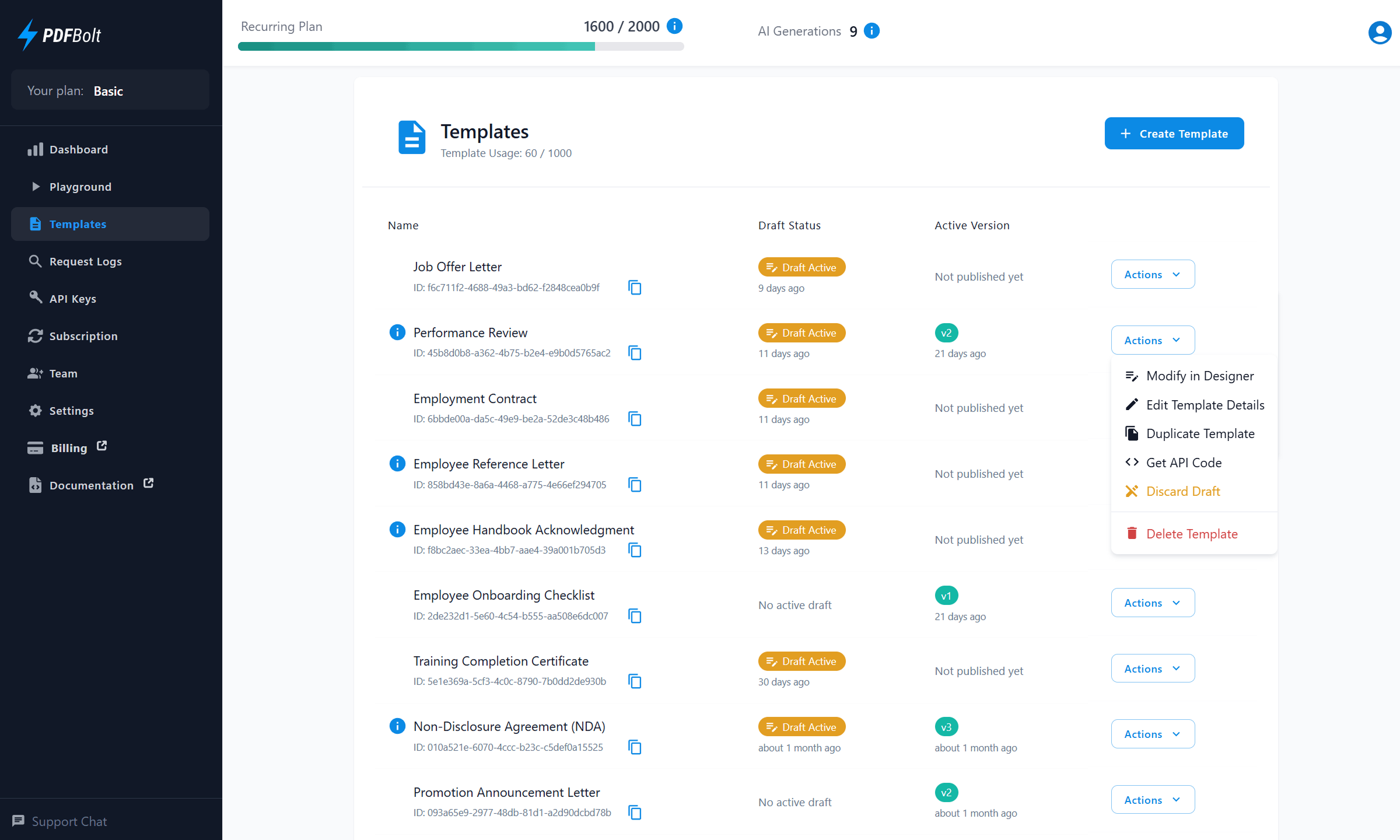 PDFBolt template management interface displaying template list with names, showing draft status, version numbers, usage counter, and action menus for editing and collaboration