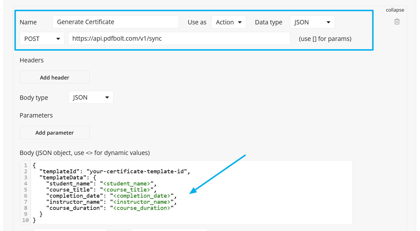 Bubble API Connector call configuration for certificate generation