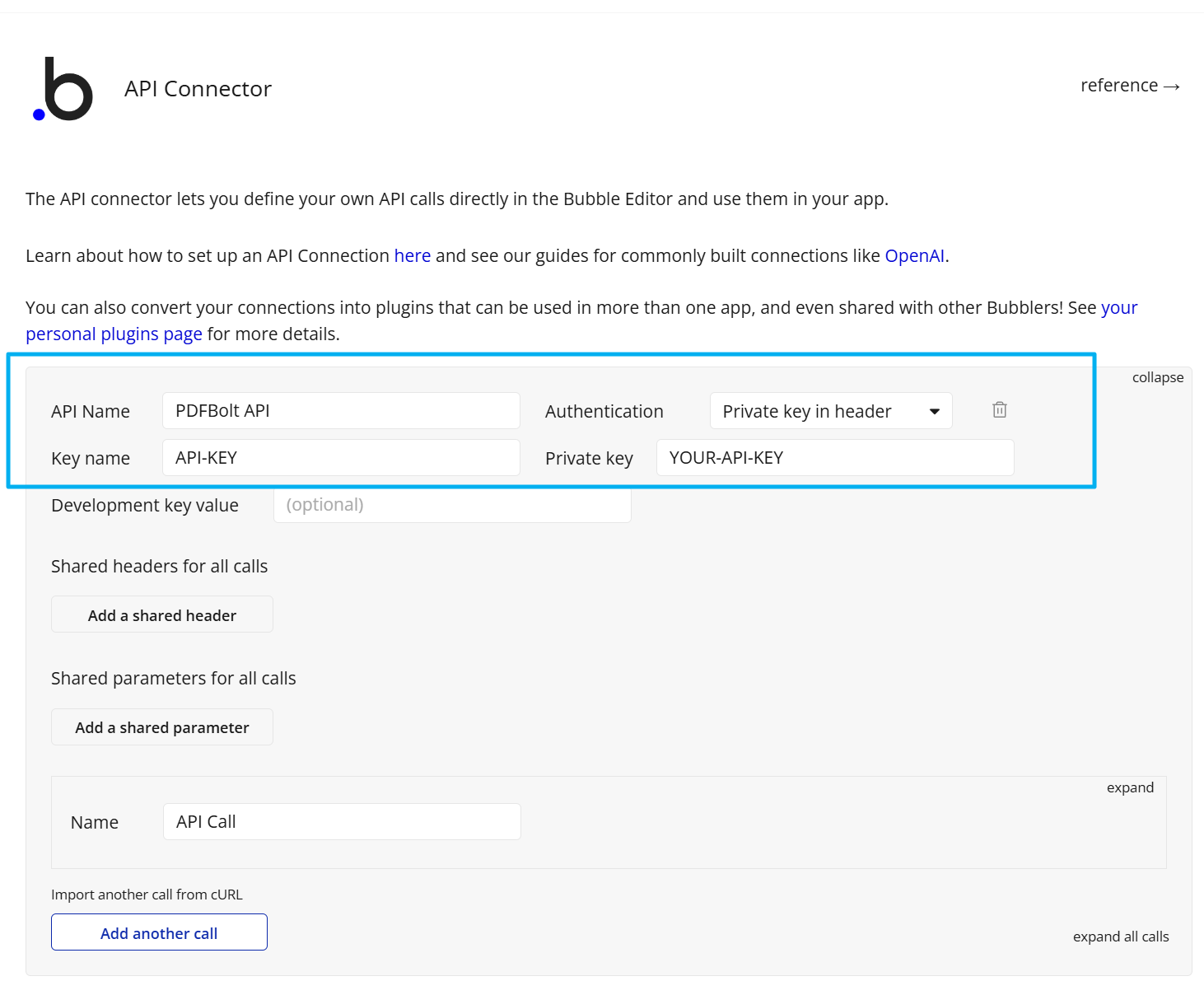 Bubble API Connector authentication setup for PDFBolt