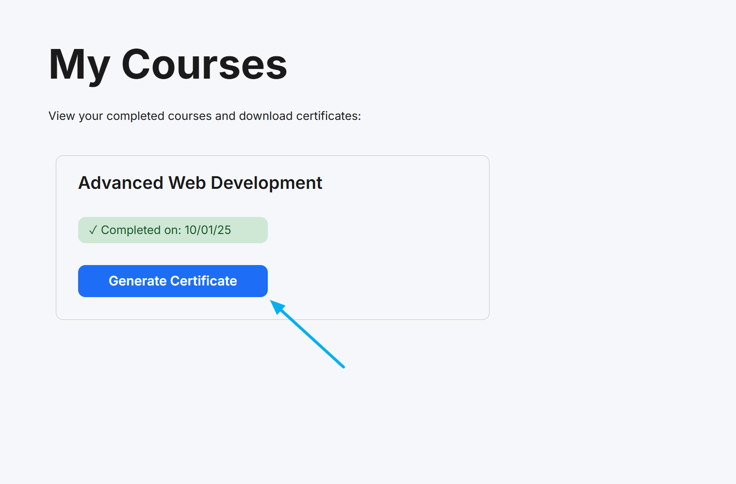 Complete flow: student dashboard to certificate download