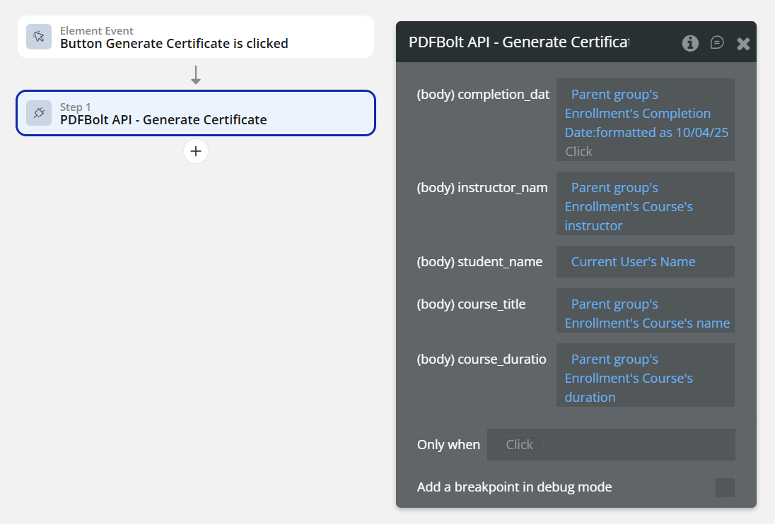 Bubble workflow for certificate generation with dynamic data
