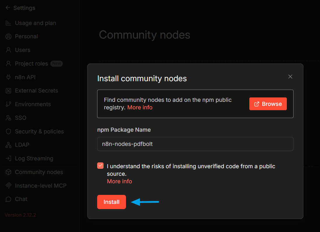 Installing PDFBolt community node from n8n Settings Community Nodes page