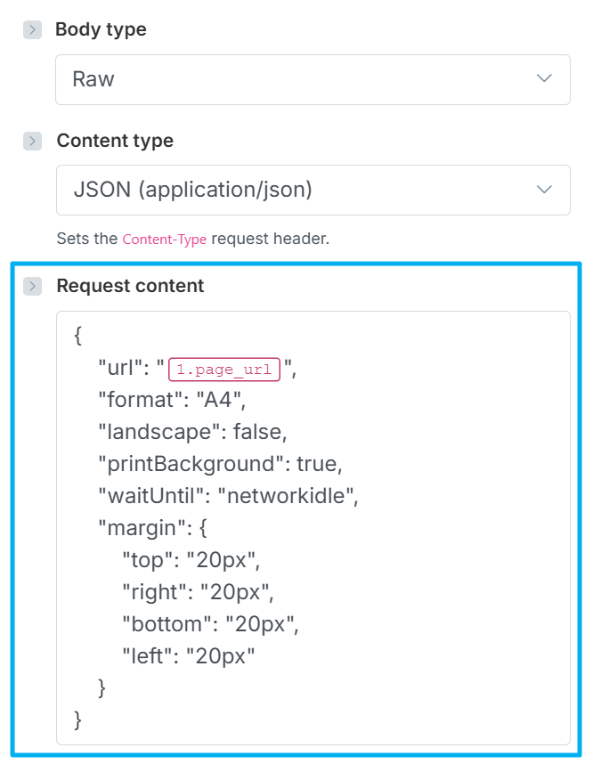 Make HTTP module configuration for URL to PDF with webhook data
