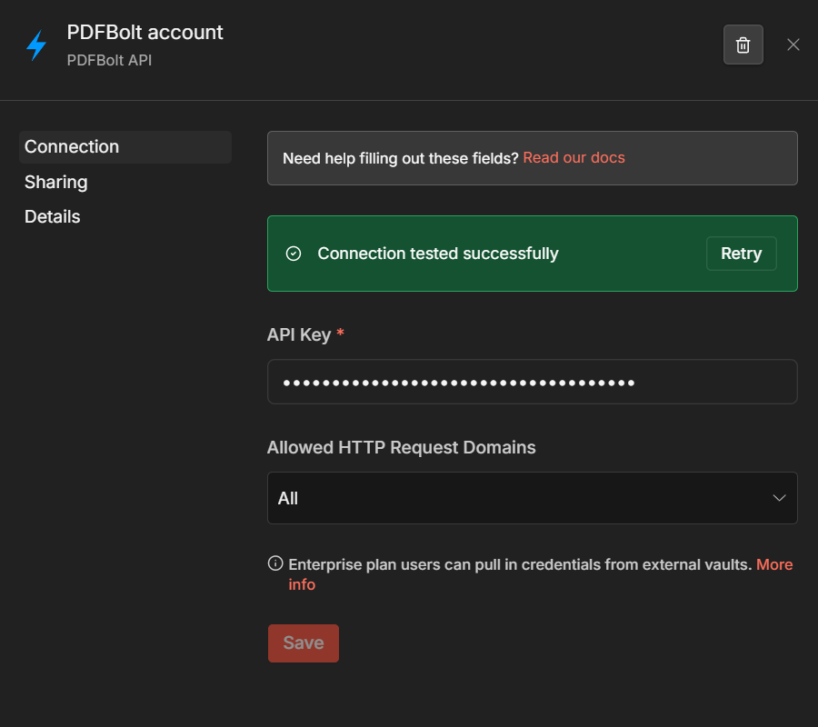 PDFBolt API key credential setup and connection test in n8n