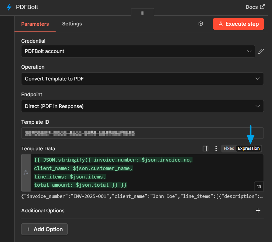 Mapping data from previous n8n node to PDFBolt Template Data using Expression mode