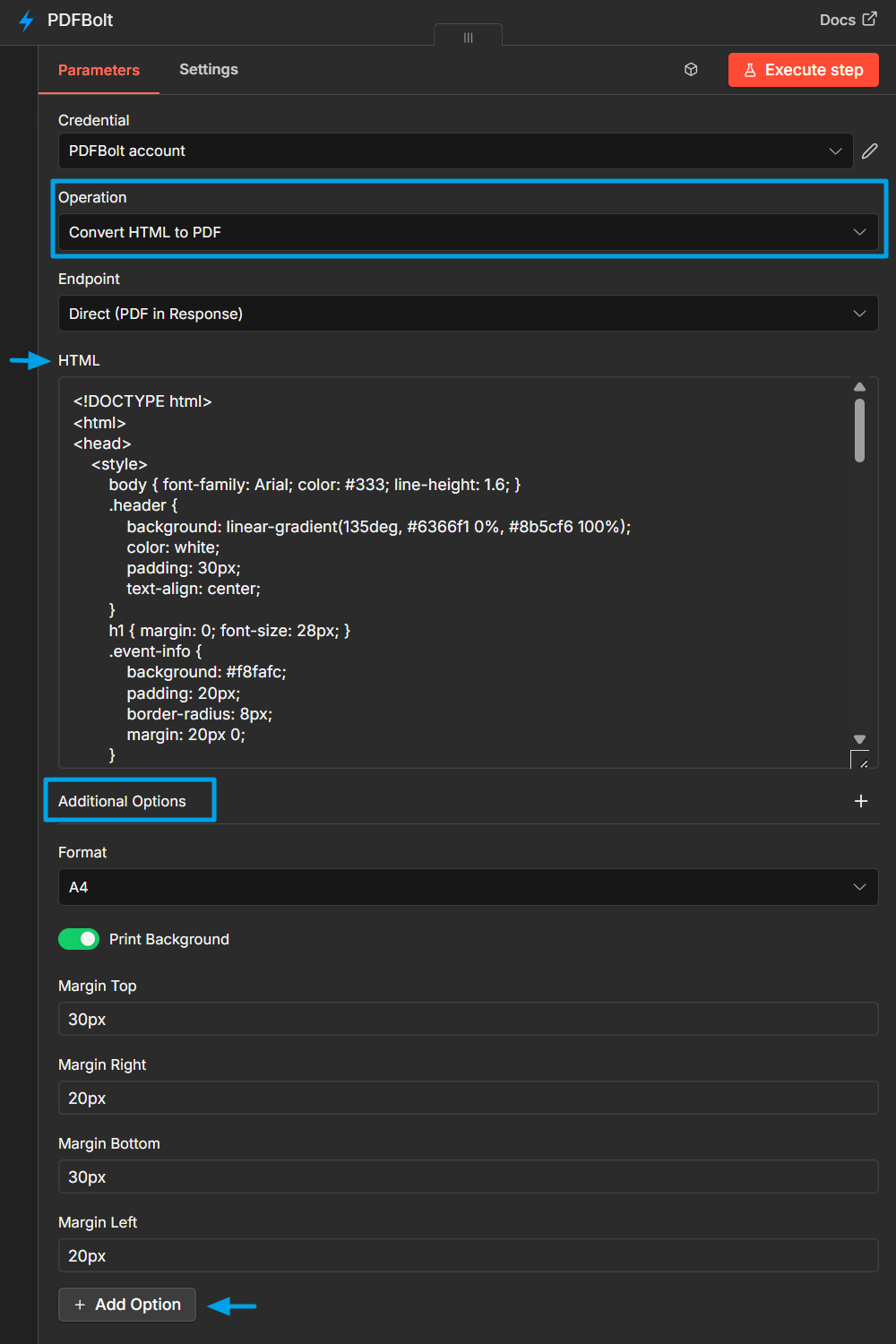 PDFBolt n8n node configured for HTML to PDF conversion with page format and margin options