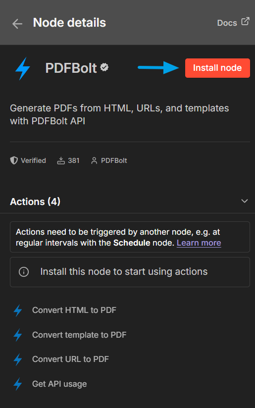 Searching for PDFBolt community node in n8n nodes panel