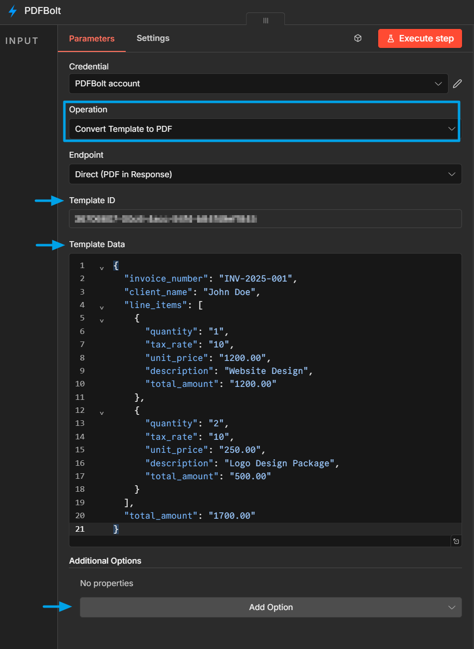PDFBolt n8n node configured for template-based invoice PDF generation