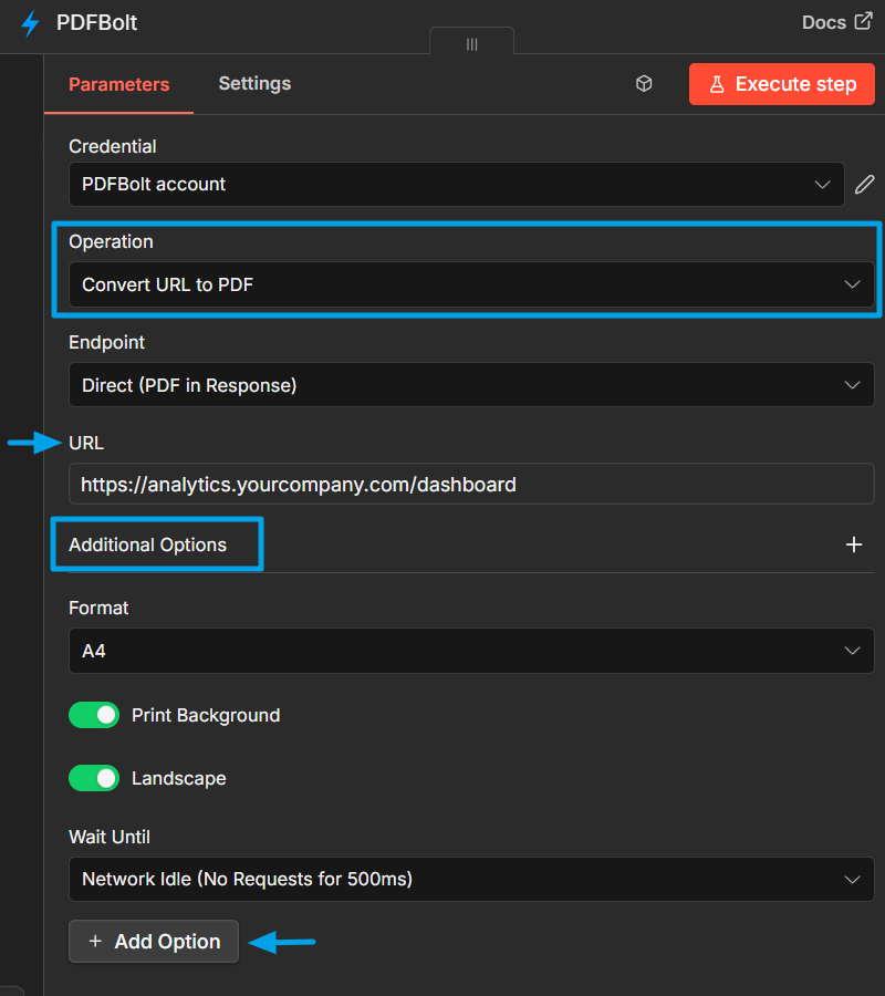 PDFBolt n8n node configured for URL to PDF conversion with landscape format and network idle wait