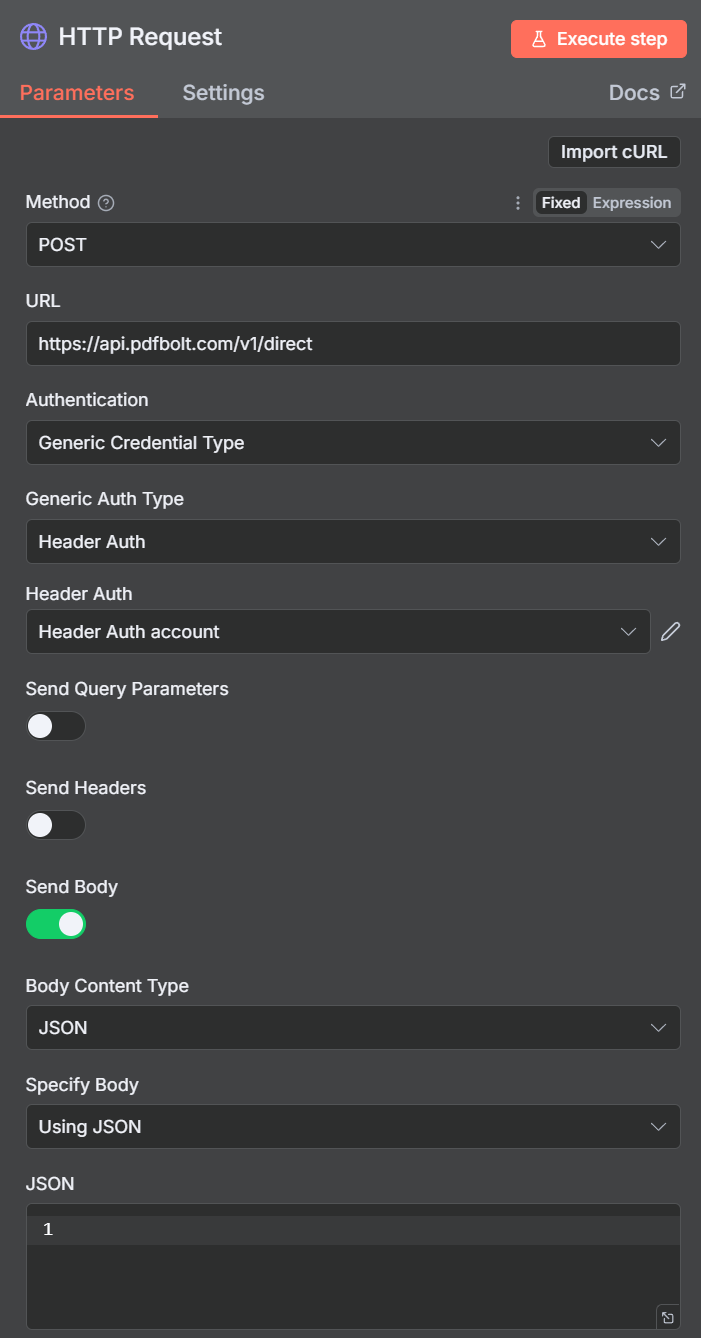 n8n HTTP Request node basic configuration with method, URL and authentication type