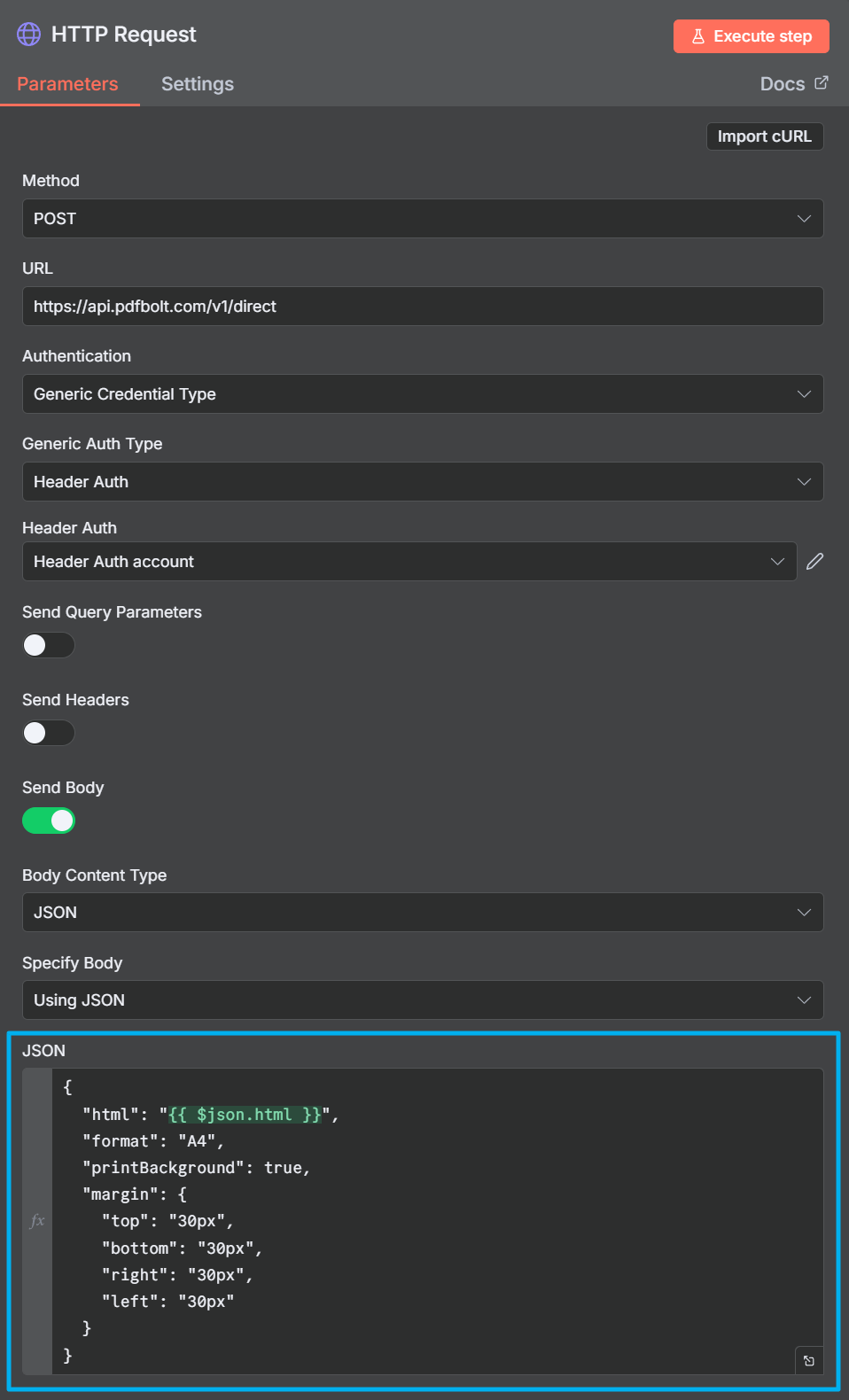 n8n HTTP Request node with HTML and PDF parameters