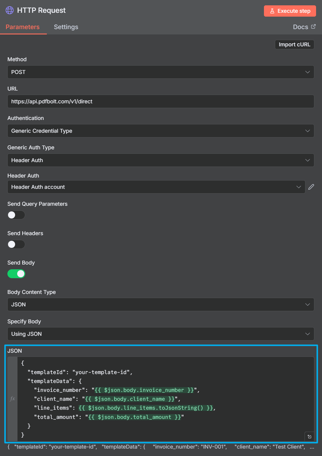n8n HTTP Request node with manual template data configuration