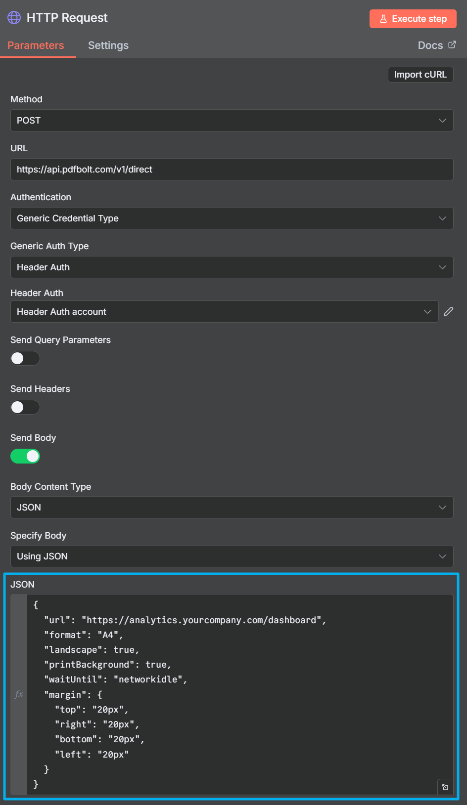 n8n HTTP Request node configuration for URL to PDF dashboard report