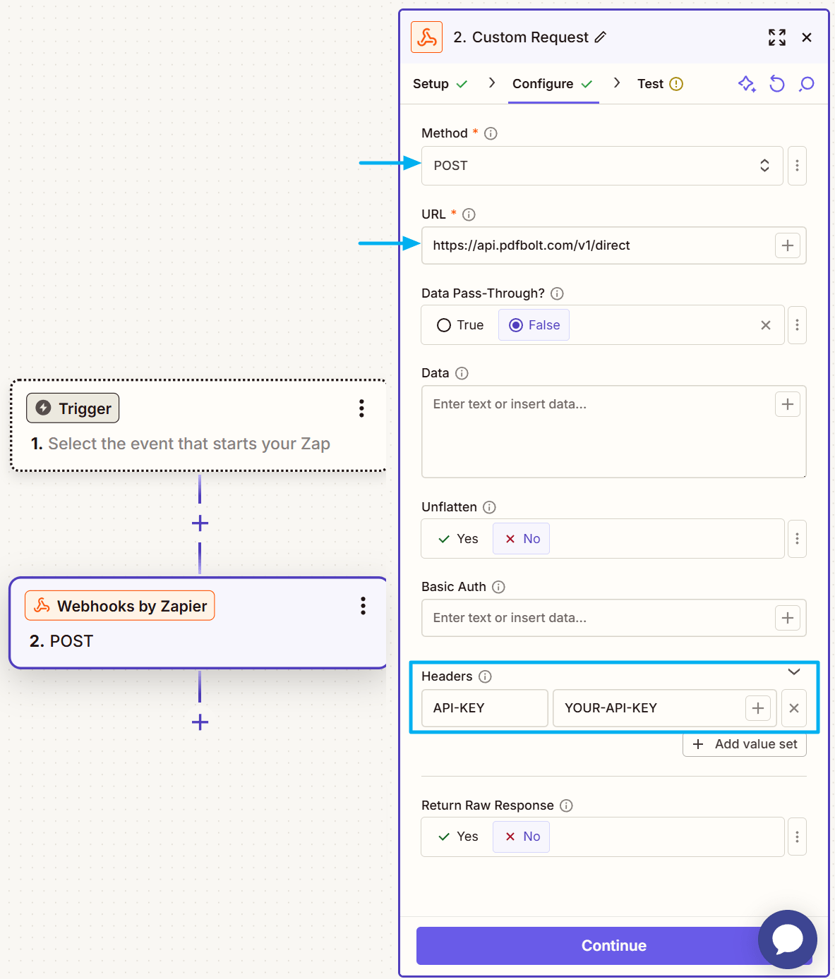Zapier Custom Request configuration for PDFBolt API