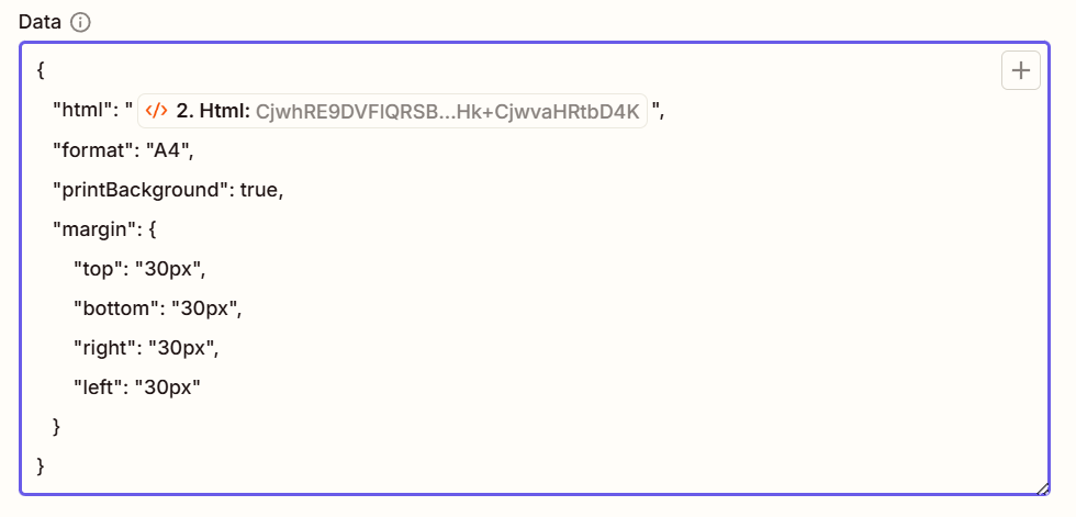 Zapier HTML to PDF configuration for event program